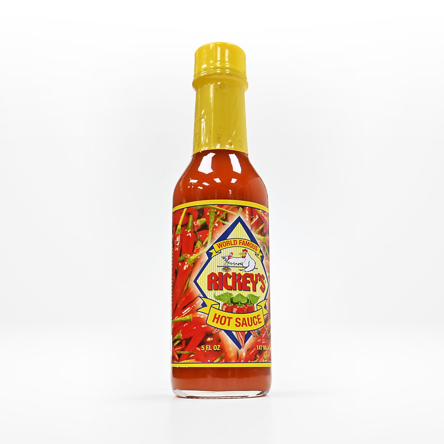 Rickey's Hot Sauce at an angle on a white background