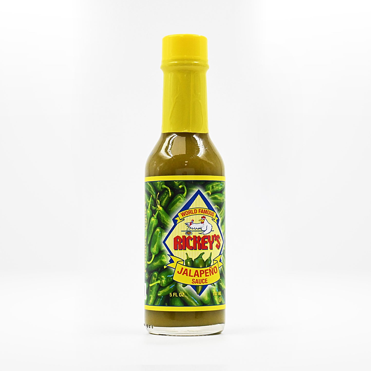Rickey's Jalapeño Sauce at an angle on a white background