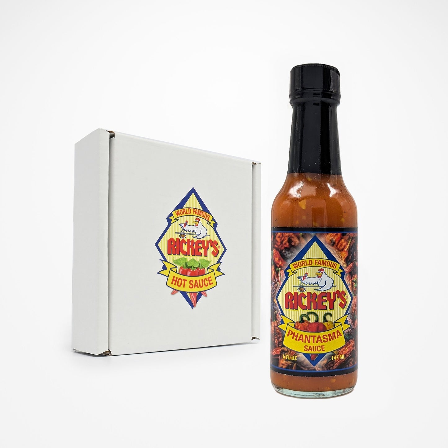 Bottle of Rickey's Phantasma Sauce and a box for three pack
