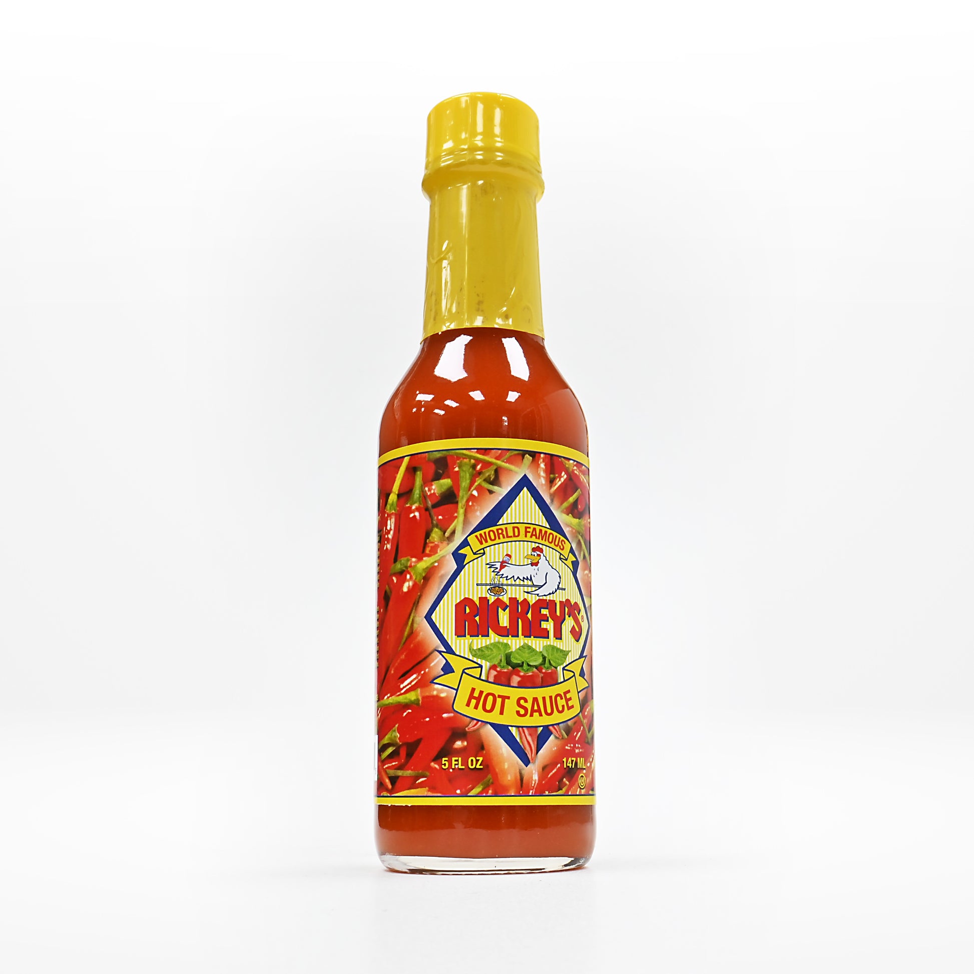 Rickey's Hot Sauce at an angle on a white background