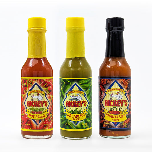 Jalapeño Heat Pack consisting of one bottle of Rickey's Hot Sauce, one bottle of Rickey's Jalapeño Sauce, and one bottle of Rickey's Phantasma Sauce