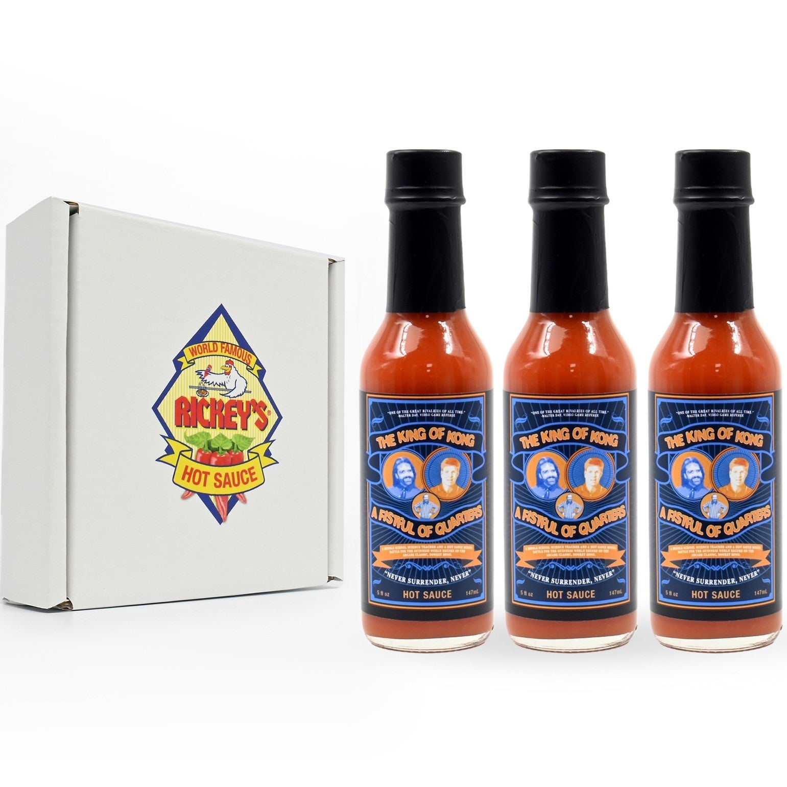 The King Of Kong Hot Sauce in front of three pack box