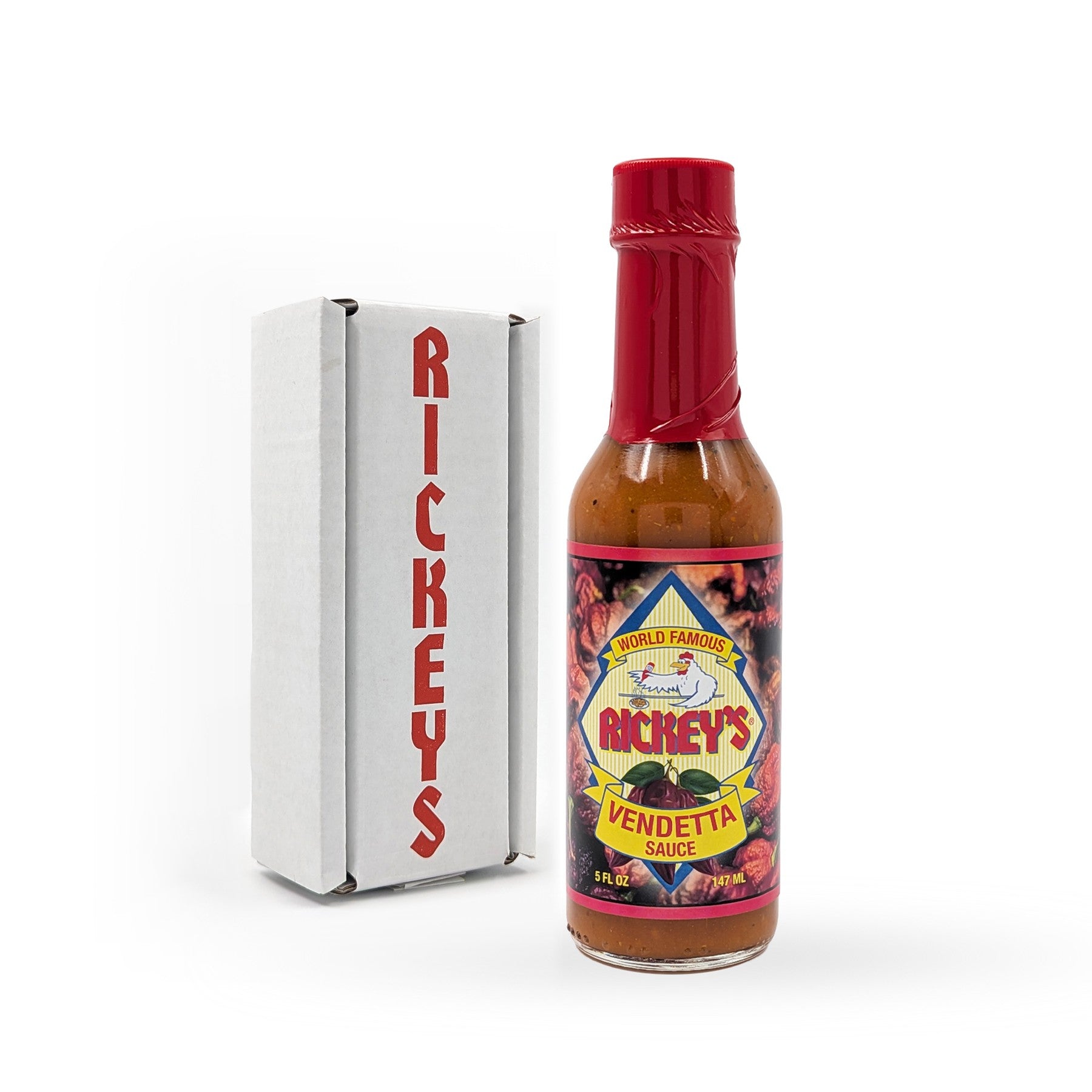 Bottle of Rickey's Vendetta Sauce in front of a Rickey's Box